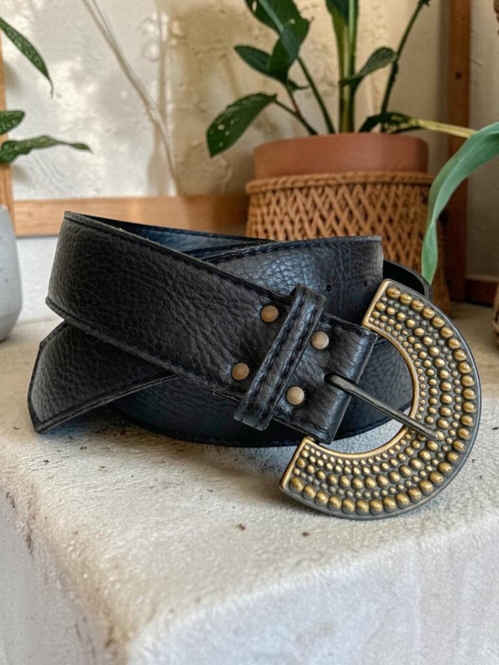 Vintage Black Pebbled Leather Belt with Brass Half Moon Buckle - Small | Vintage